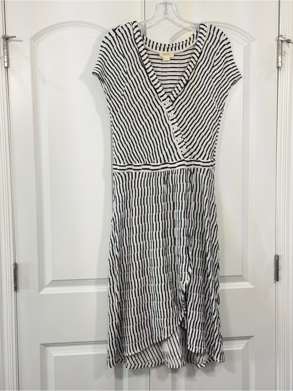 Anthropologie Black & White Striped Faux Wrap Midi Dress